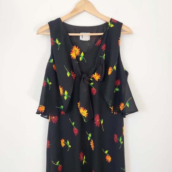 Vintage 70s Black Floral Maxi Dress Vest Overlay Flowy Sleeveless Size 14 Petite - Picture 16 of 16